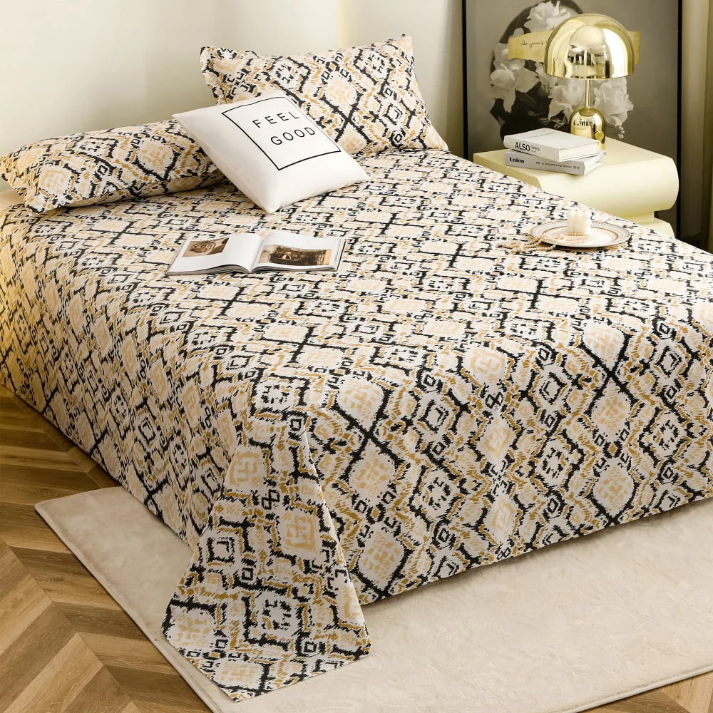 Story At Home Printed Double Bedsheet 144 TC (Grey & Beige) - 225 x 250 cm