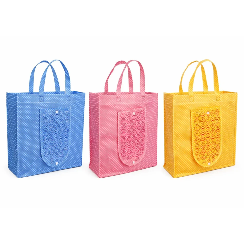 Smiley Dotted Printed Carry Bag (Pink - Blue & Yellow) Set Of 3