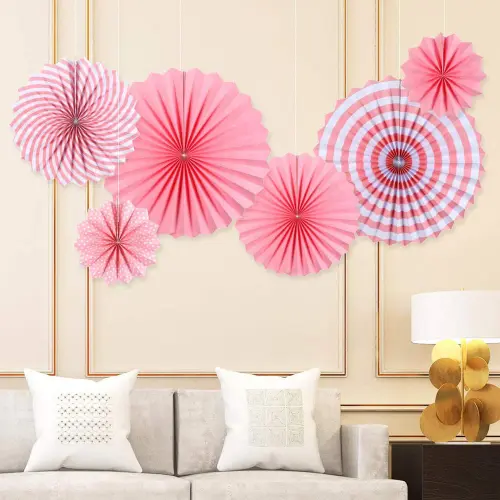Manovedant Decorative Plain & Printed Paper Fans (Pink) - 6 Pieces