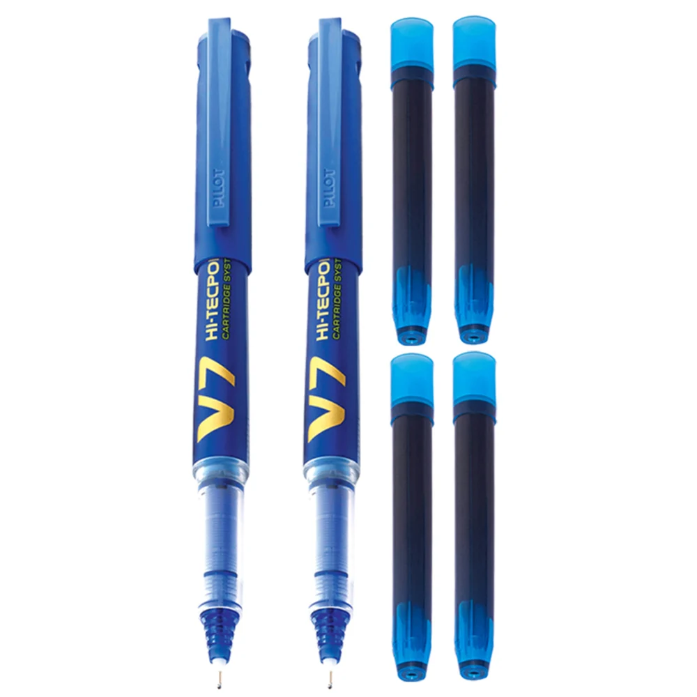 Pilot V7 Hi-tecpoint Roller Pen - 2 Blue Pens & 4 Cartridges