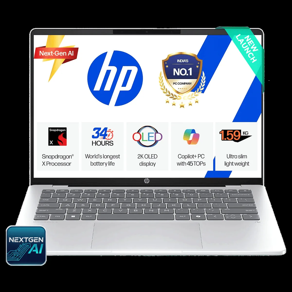 HP OmniBook 5 Qualcomm Snapdragon X Thin & Light Laptop (16GB, 1TB SSD, Windows 11 Home, 16 inch 2K OLED Display, MS Office 2024, Glacier Silver, 1.59 KG)