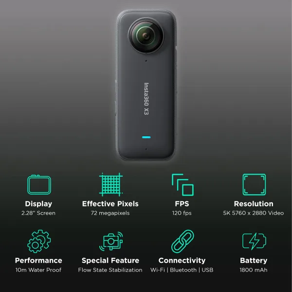 Insta360 X3 8K and 72MP 60 FPS Waterproof Action Camera with Magic Third Person Views (Black)