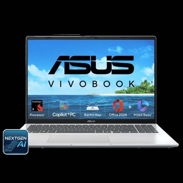 ASUS Vivobook 16 Snapdragon X X1 26 100 Thin & Light Laptop (16GB, 512GB SSD, Windows 11 Home, 16 inch WUXGA Display, MS Office Home 2024, Cool Silver, 1.88 KG)