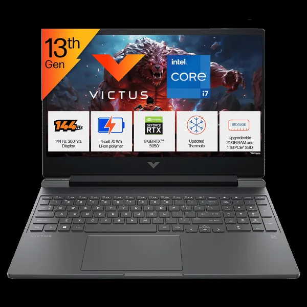 HP Victus 15-fa2309TX Intel Core i7 13th Gen Gaming Laptop (24GB, 1TB SSD, Windows 11 Home, 8GB Graphics, 15.6 Inch 144 Hz Full HD IPS Display, NVIDIA GeForce RTX 5050, MS Office Home 2024, Mica Silver, 2.29 KG)