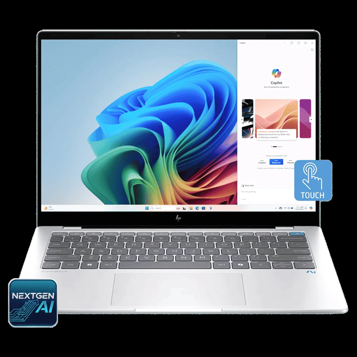 HP OmniBook X 14-fe1011QU Qualcomm Snapdragon X Plus Touchscreen Thin & Light Laptop (16GB, 512GB SSD, Windows 11 Home, 14 inch 2.2K IPS Display, MS Office 2021, Glacier Silver, 1.34 KG)