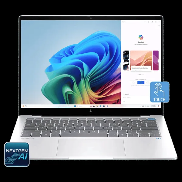 HP OmniBook X 14-fe1011QU Qualcomm Snapdragon X Plus Touchscreen Thin & Light Laptop (16GB, 512GB SSD, Windows 11 Home, 14 inch 2.2K IPS Display, MS Office 2021, Glacier Silver, 1.34 KG)