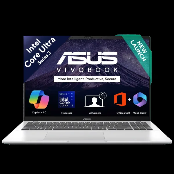 ASUS Vivobook 16 Intel Core Ultra 5 Thin & Light Laptop (16GB, 512GB SSD, Windows 11 Home, 16 inch WUXGA IPS Display, MS Office Home 2024, Cool Silver, 1.88 KG)