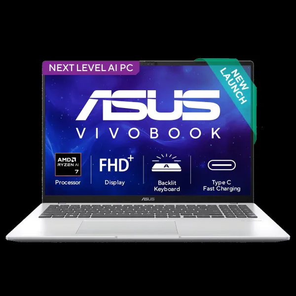 ASUS Vivobook 16 AMD Ryzen AI 7 Thin and Light Laptop (16GB, 512GB SSD, Windows 11 Home, 16 inch WUXGA IPS Display, MS Office Home 2024, Cool Silver, 1.88 KG)