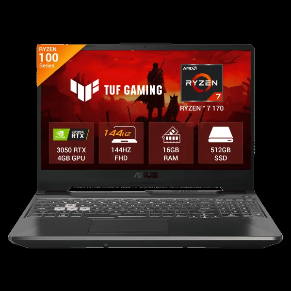 Asus TUF A15 AMD Ryzen 7 170 Gaming Laptop (16GB, 512GB SSD, Windows 11 Home, 4GB Graphics, 15.6 inch 144 Hz Full HD IPS Display, NVIDIA GeForce RTX 3050, MS Office Home 2024, Graphite Black, 2.30 KG)