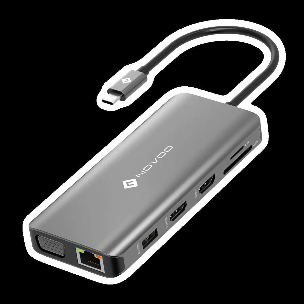 NOVOO 11-in-1 USB 3.0 Type C to USB 3.0 Type A, USB 2.0 Type A, USB Type C, VGA Port, LAN Port, HDMI, SD Card Slot, MicroSD Card Slot USB Hub (Multiple Display Modes, Grey)
