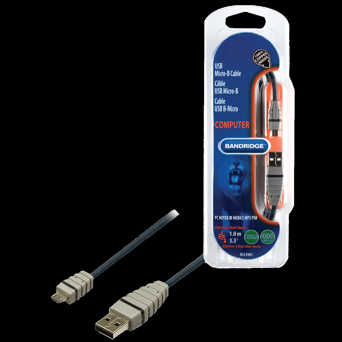 Bandridge BCL4901 PVC 1 Meter USB 2.0 (Type-A) to Micro USB 2.0 (Type-B) Power/Charging USB Cable (Copper Inside, Blue)