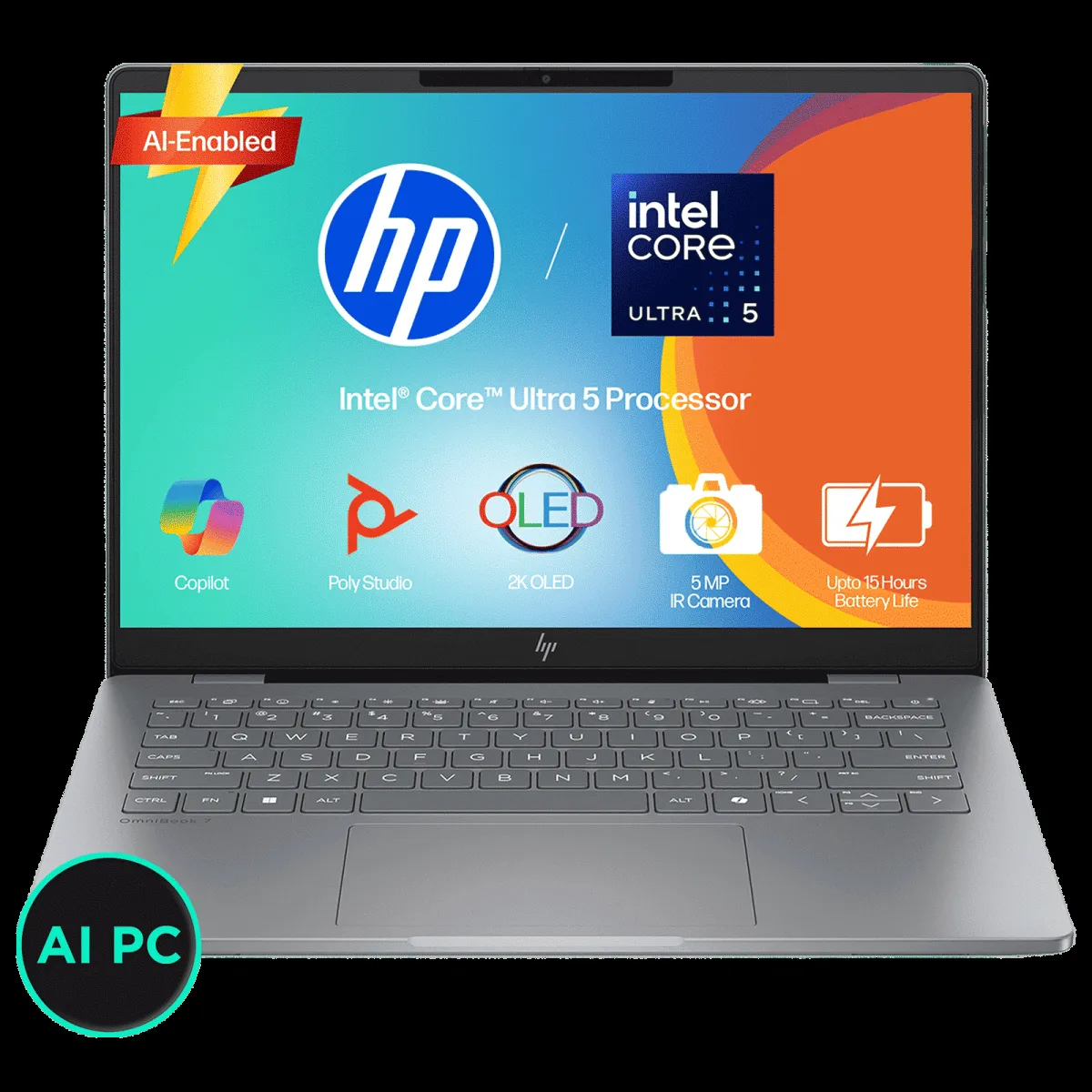 HP OmniBook 7 Intel Core Ultra 5 Laptop (16GB, 512GB SSD, Windows 11, 14 inch 2K OLED Display, MS Office 2024, Meteor Silver, 1.41 KG)
