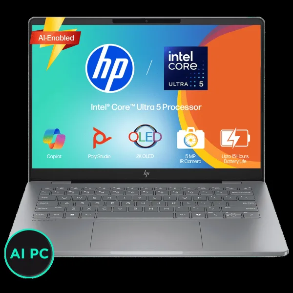 HP OmniBook 7 Intel Core Ultra 5 Laptop (16GB, 512GB SSD, Windows 11, 14 inch 2K OLED Display, MS Office 2024, Meteor Silver, 1.41 KG)