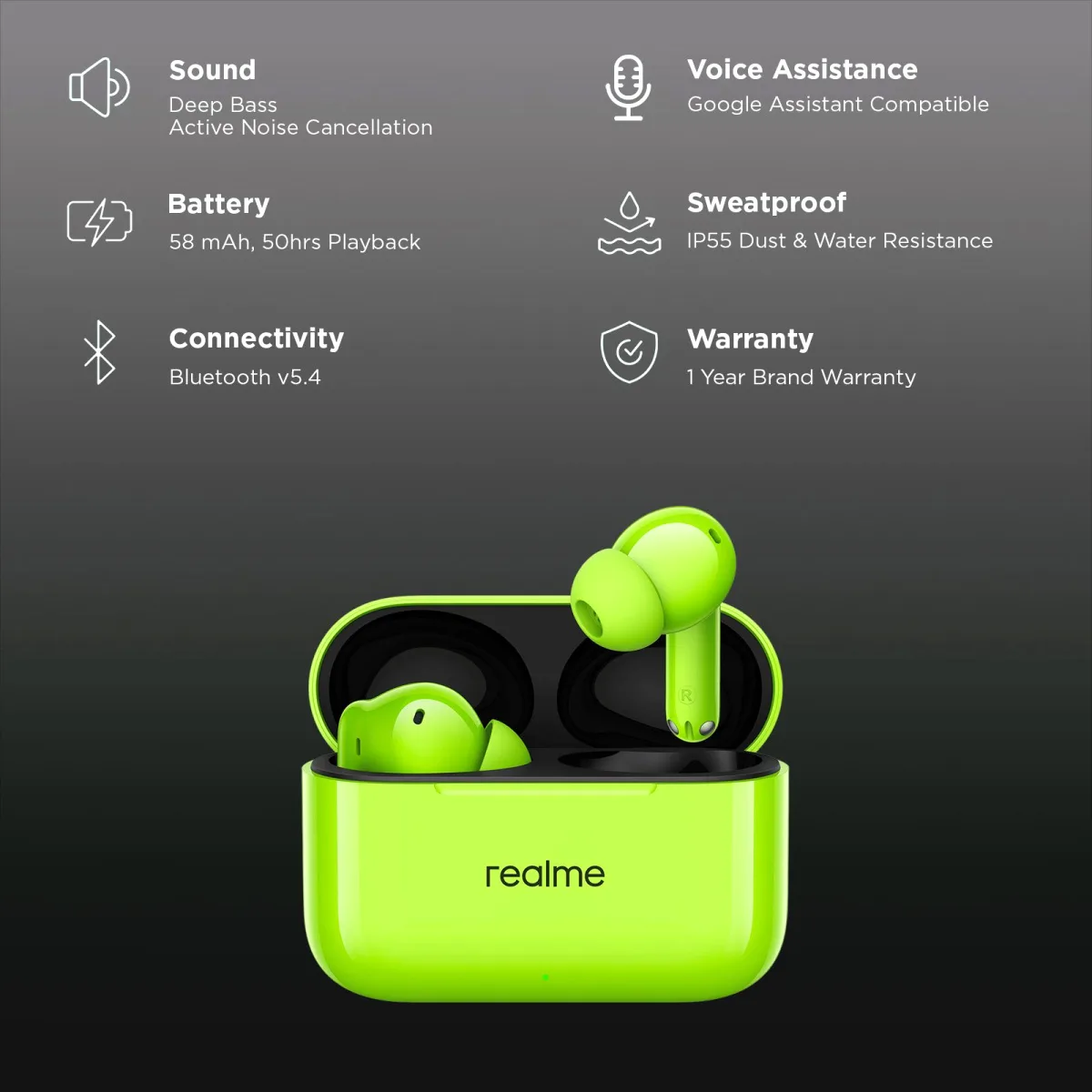 realme Buds T200 TWS Earbuds with Active Noise Cancellation (IP55 Water & Dust Resistant, Dual Device Connection 2.0, Neon Green)