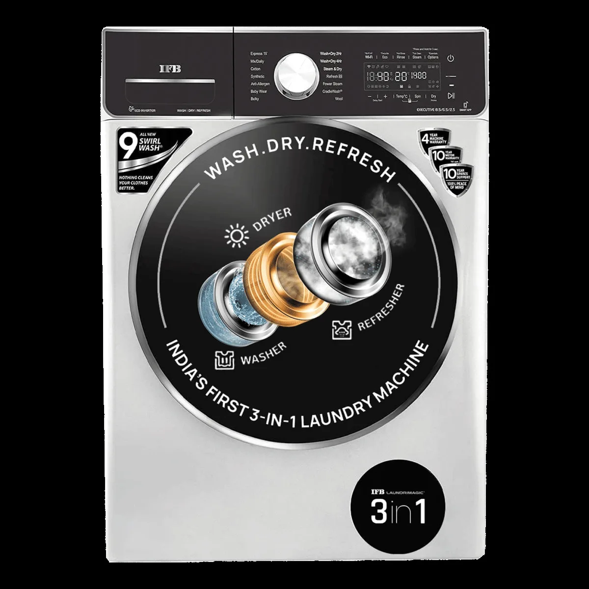 IFB 8.5/6.5 kg 5 Star Inverter Fully Automatic Front Load Washer Dryer (Executive ZXS, Power Steam Wash, Silver)
