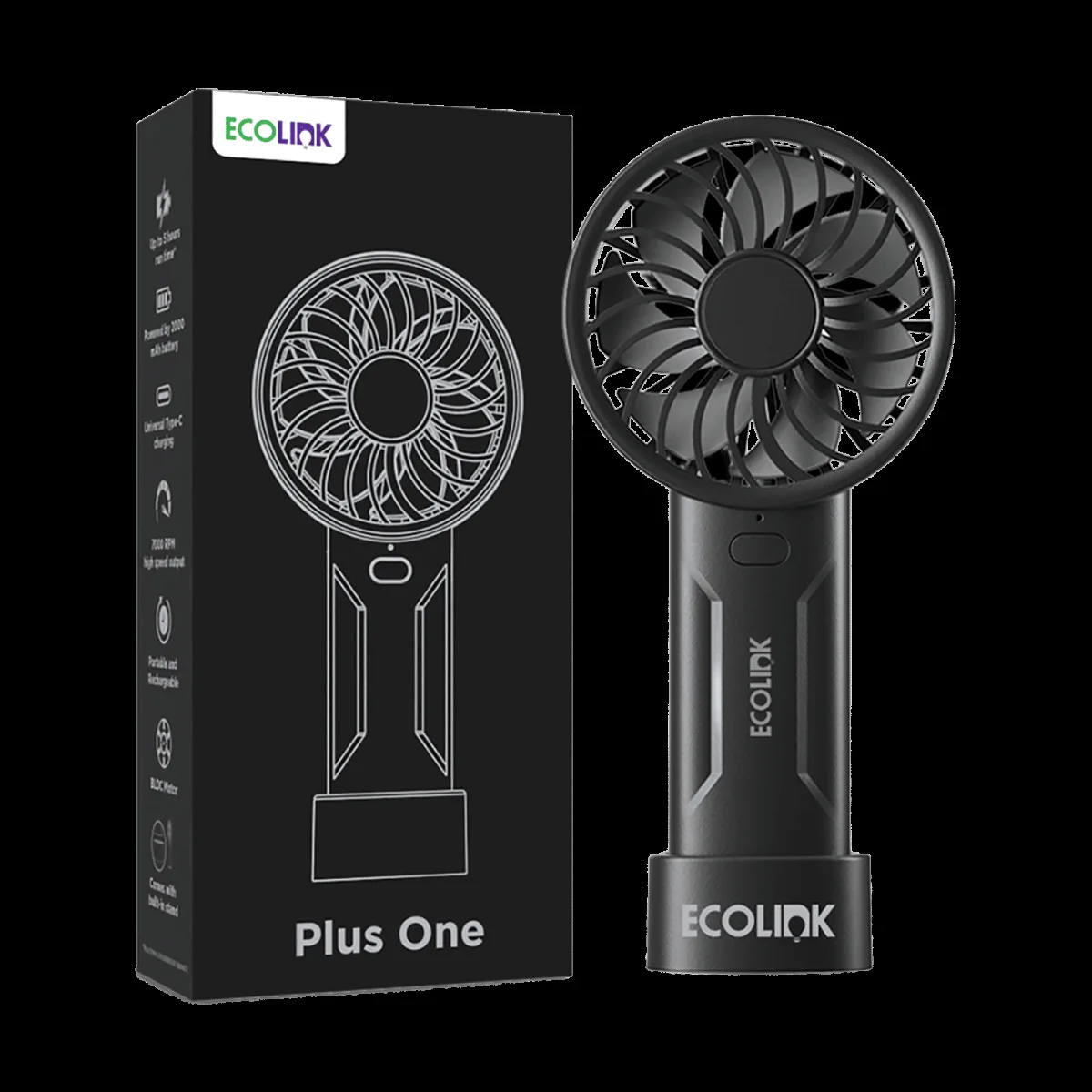 Ecolink Plus One 50mm 7 Blade Rechargeable Handheld Fan with 2000 mAh Battery (Portable, Black)