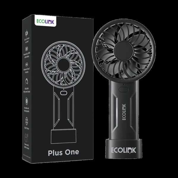 Ecolink Plus One 50mm 7 Blade Rechargeable Handheld Fan with 2000 mAh Battery (Portable, Black)