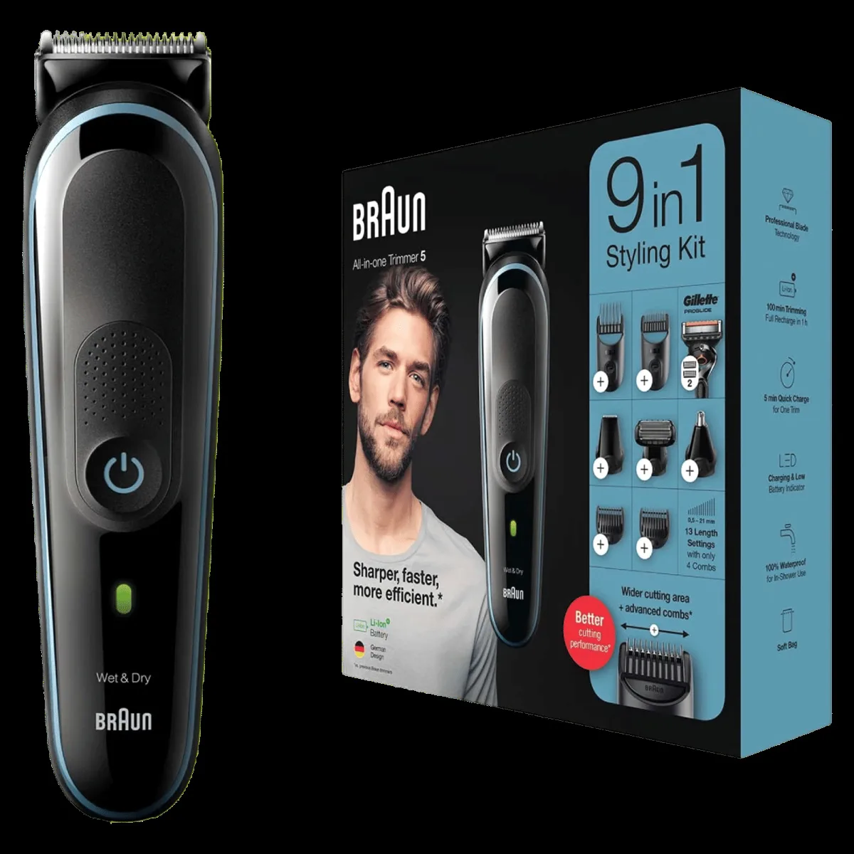 BRAUN MGK5380 9-in-1 Rechargeable Cordless Grooming Kit for Face, Hair, Ear, Nose & Body for Men (100mins Runtime, Quick Charging, Black)