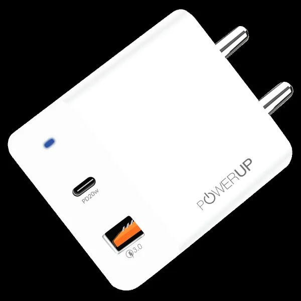 POWERUP 20W Type A & Type C 2-Port Fast Charger (Adapter Only, Multiple Safety Protection, White)