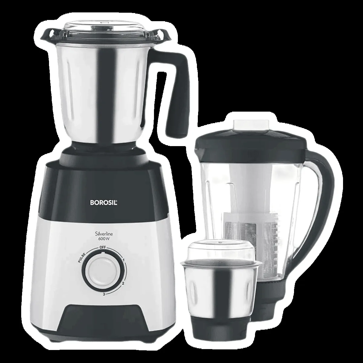 BOROSIL Silverline 600 Watt 3 Jars Mixer Grinder (20000 RPM, Blow Breaker for Blending, Black & Silver)
