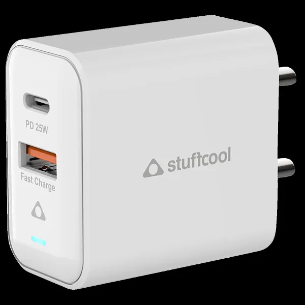 Stuffcool Flow 25W Type A & Type C 2-Port Fast Charger (Adapter Only, BIS Approved, White)