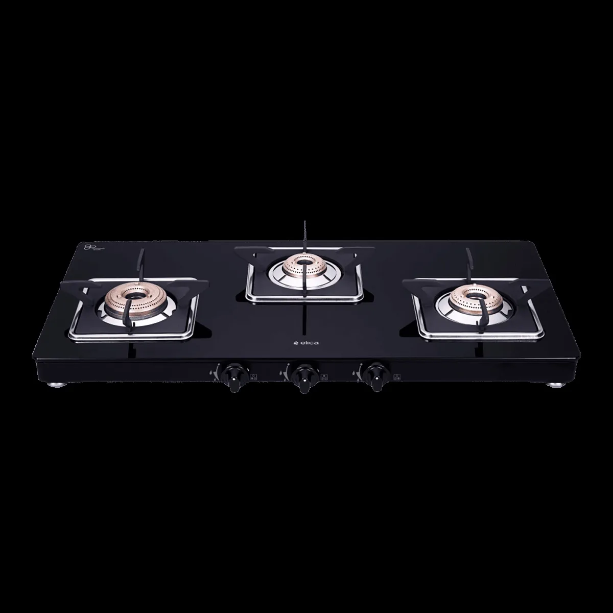 Elica 773 CT VETRO (SLIMLINE SPF) Toughened Glass Top 3 Burner Manual Gas Stove (Square Euro Coated Grids, Black)