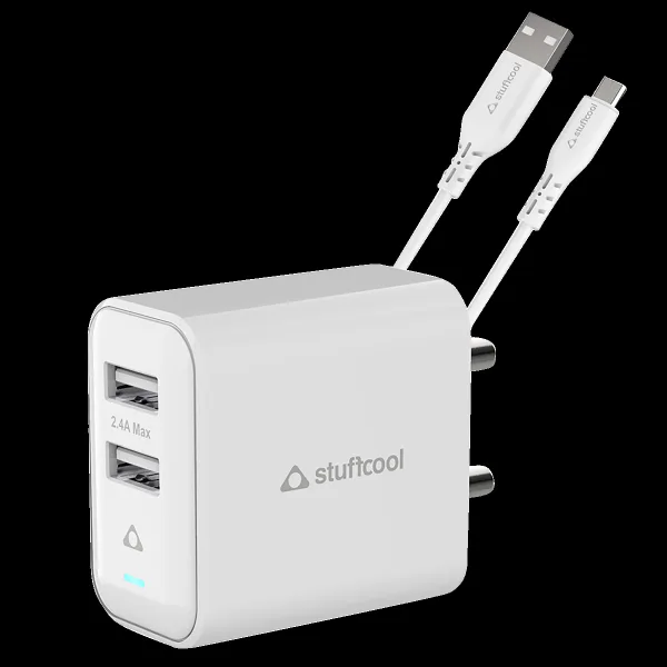 Stuffcool Flow Type A 2-Port Fast Charger (Type A to Micro USB Cable, Auto Detect Smart IC, White)