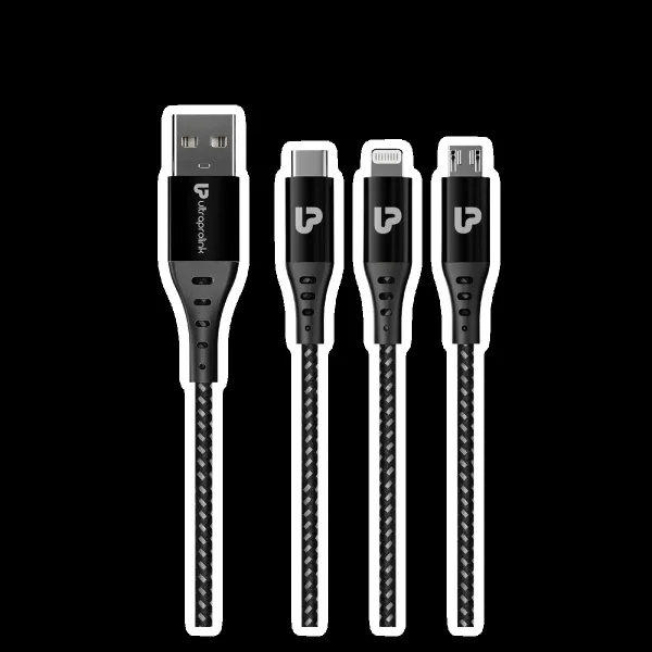 ultraprolink TrioLink Type A to Lightning Connector, Type B, Type C 4.95 Feet (1.5 M) 3-in-1 Cable (Tangle-free Design, Black)