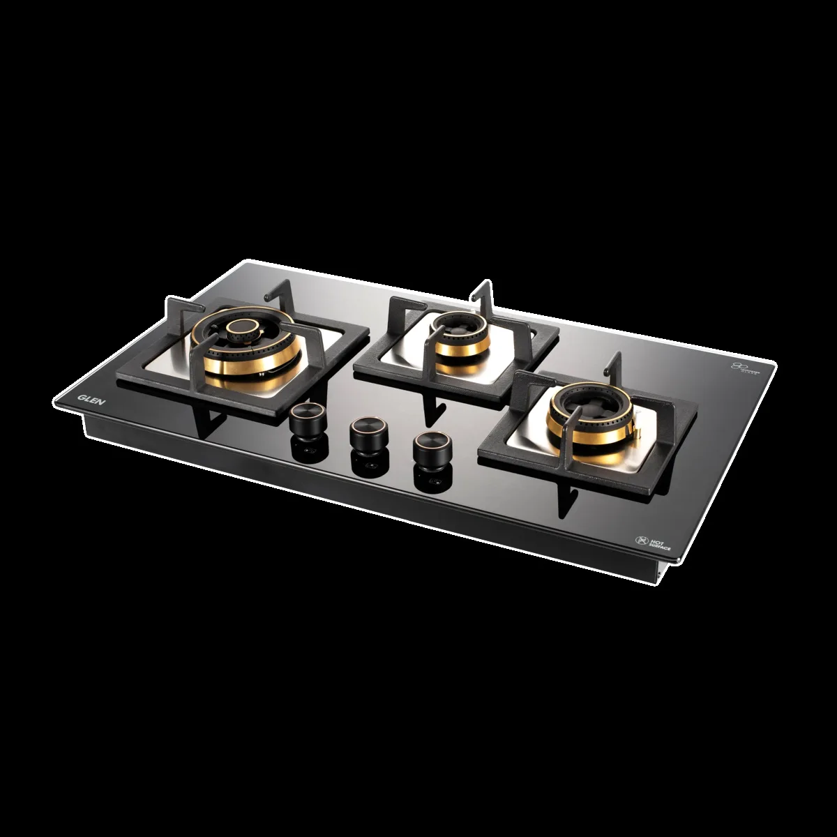 Glen 1073 SQ HT DB TR Toughened Glass Top 3 Burner Automatic Electric Hob (Vitreous Enamelled Pan Support, Black)