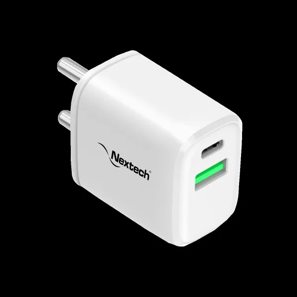 Nextech 24W Type A & Type C 2-Port Fast Charger (Adapter Only, Over-Current Protection, White)