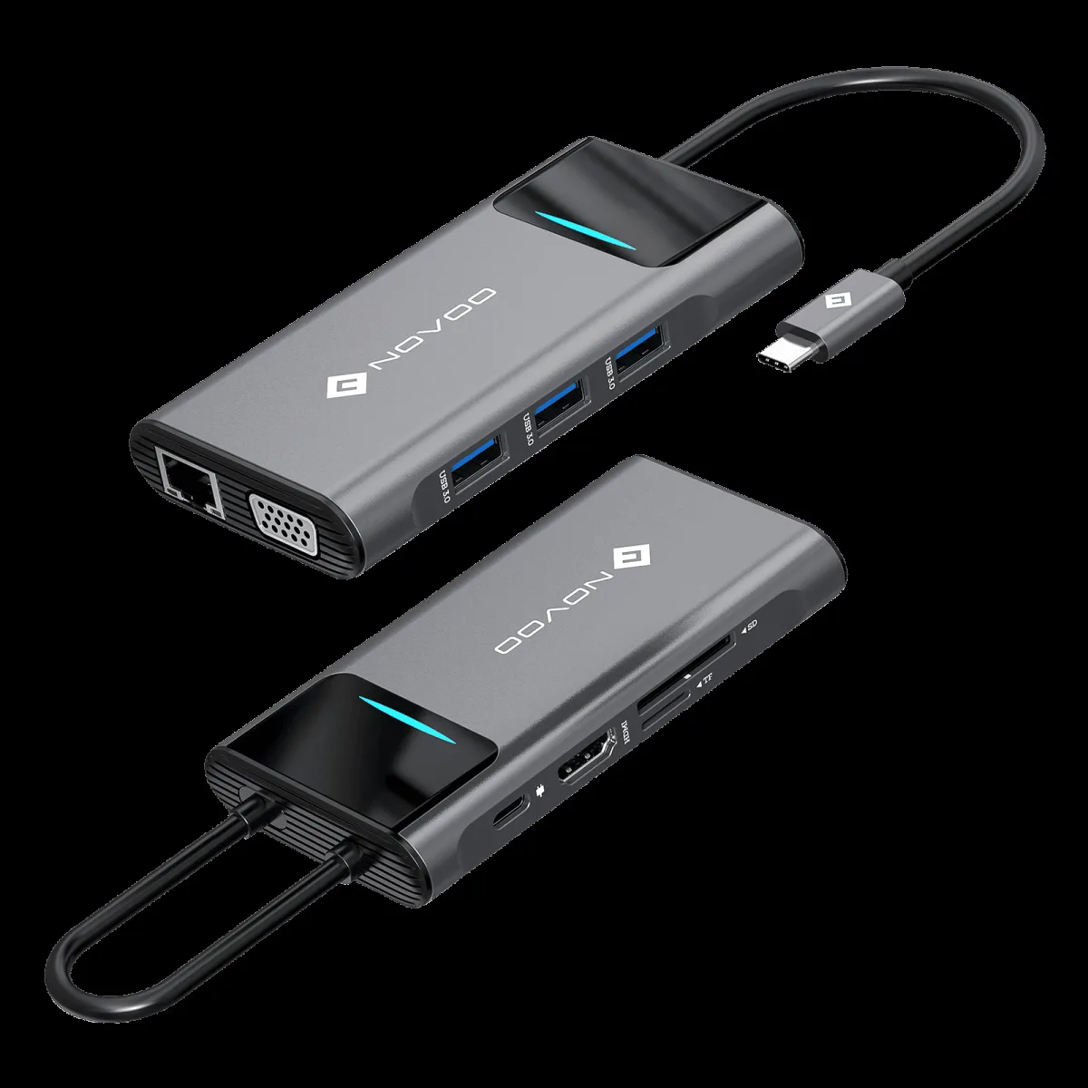 Novoo 9-in-1 USB 3.0 Type C to USB Type C, HDMI Type A, SD Card Slot, TF Card Reader, USB 3.0 Type A, VGA Port, RJ45 USB Hub (Dual Screen Display, Grey)