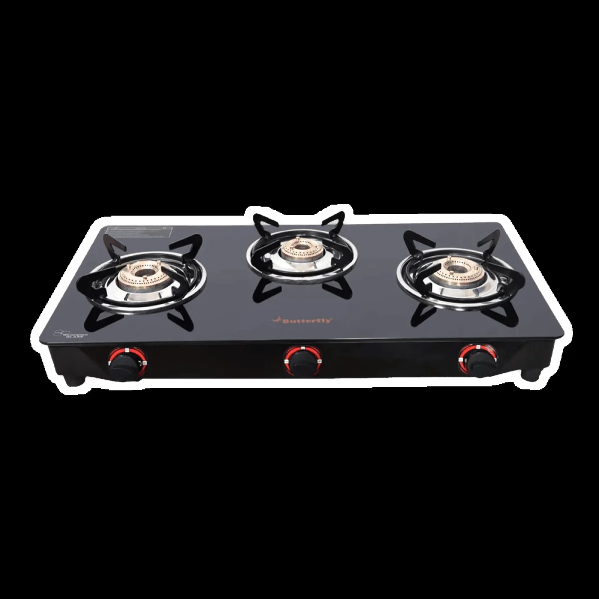 Butterfly Wave Toughened Glass Top 3 Burner Manual Gas Stove (Rust Free Pan Stand, Black)