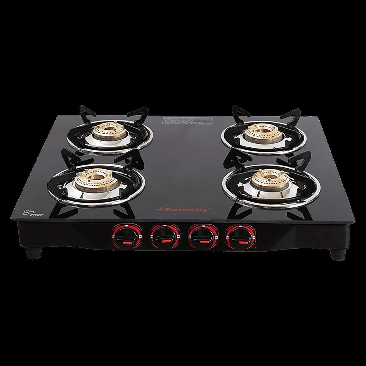 Butterfly Wave Toughened Glass Top 4 Burner Manual Gas Stove (Rust Free Pan Stand, Black)