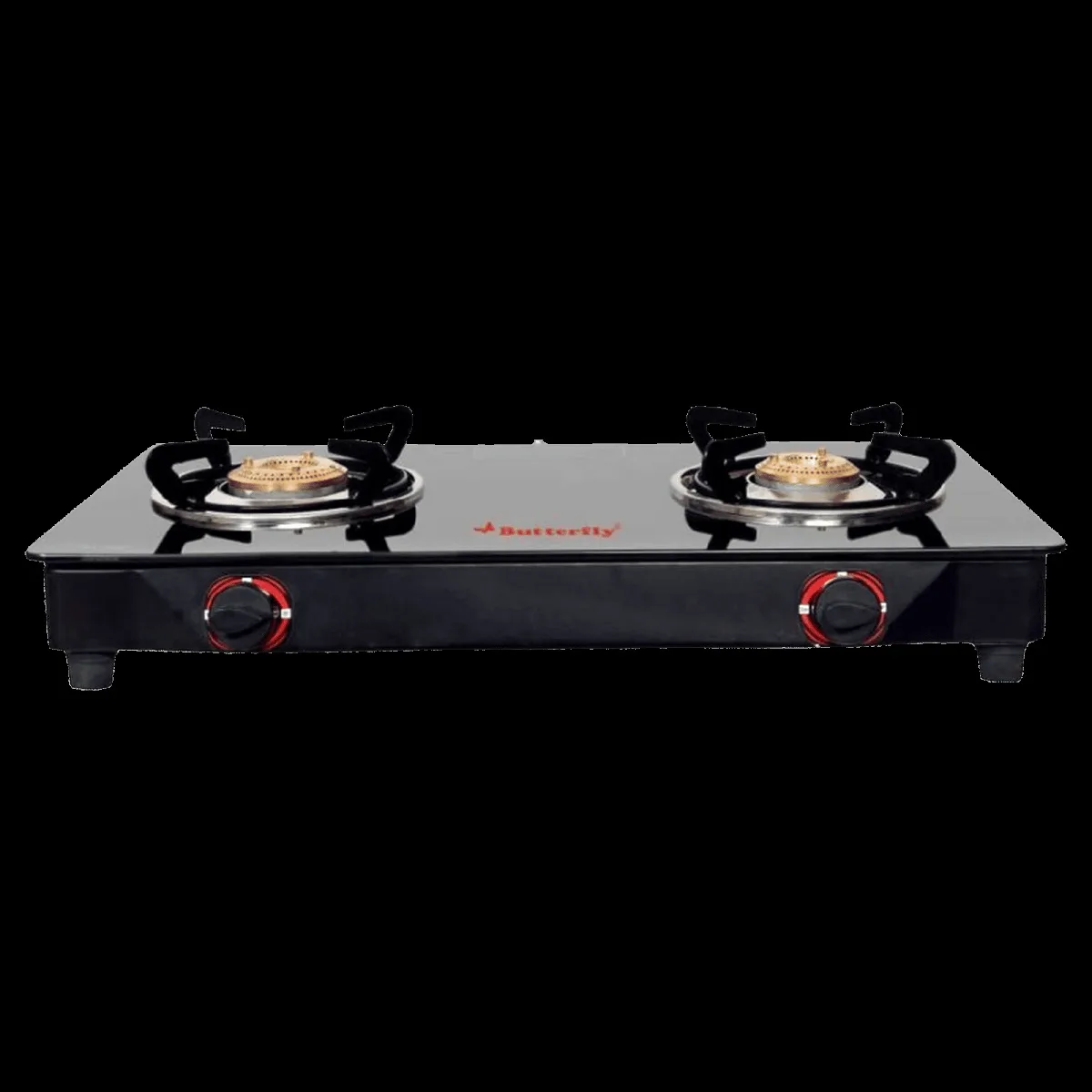 Butterfly Wave Toughened Glass Top 2 Burner Manual Gas Stove (Rust Free Pan Stand, Black)