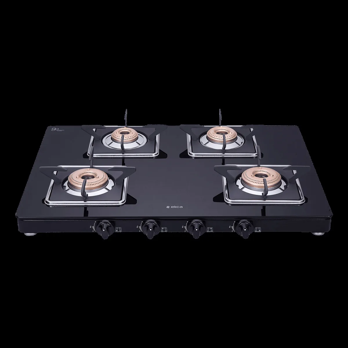 Elica 694 CT VETRO SLIMLINE SPF 2J AI Glass Top 4 Burner Automatic Gas Stove (Square Euro Coated Grids, Black)