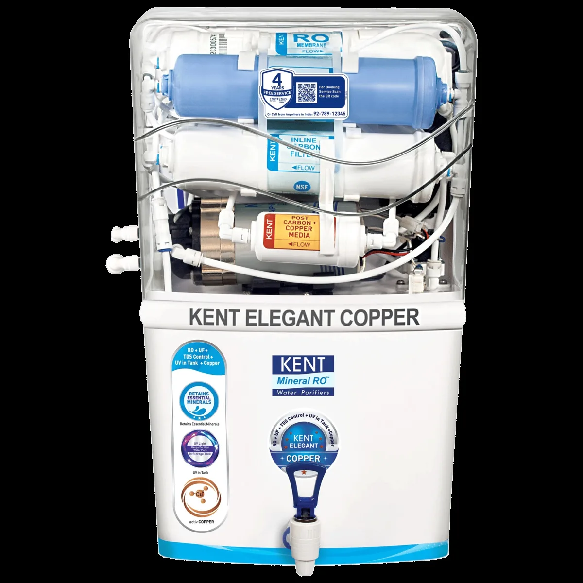 KENT Elegant Copper 8L RO + UF + UV-in-tank + TDS + Copper Water Purifier with Overflow Protection (White)