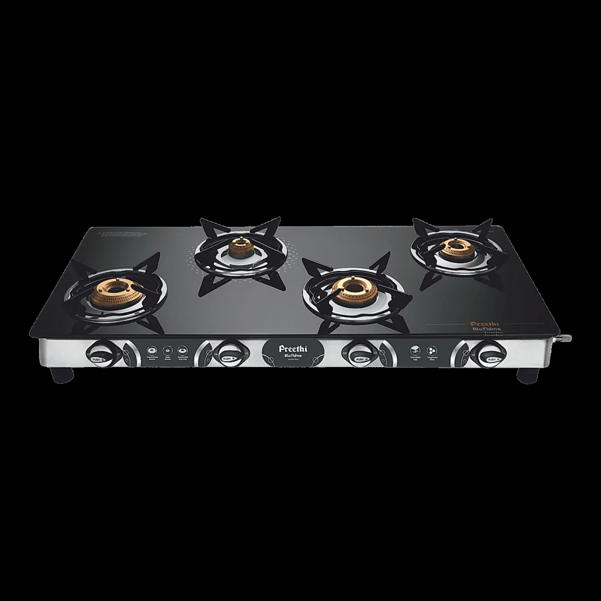 Preethi Blue Flame Jumbo Max Toughened Glass Top 4 Burner Manual Gas Stove (Lighter Holder, Black)