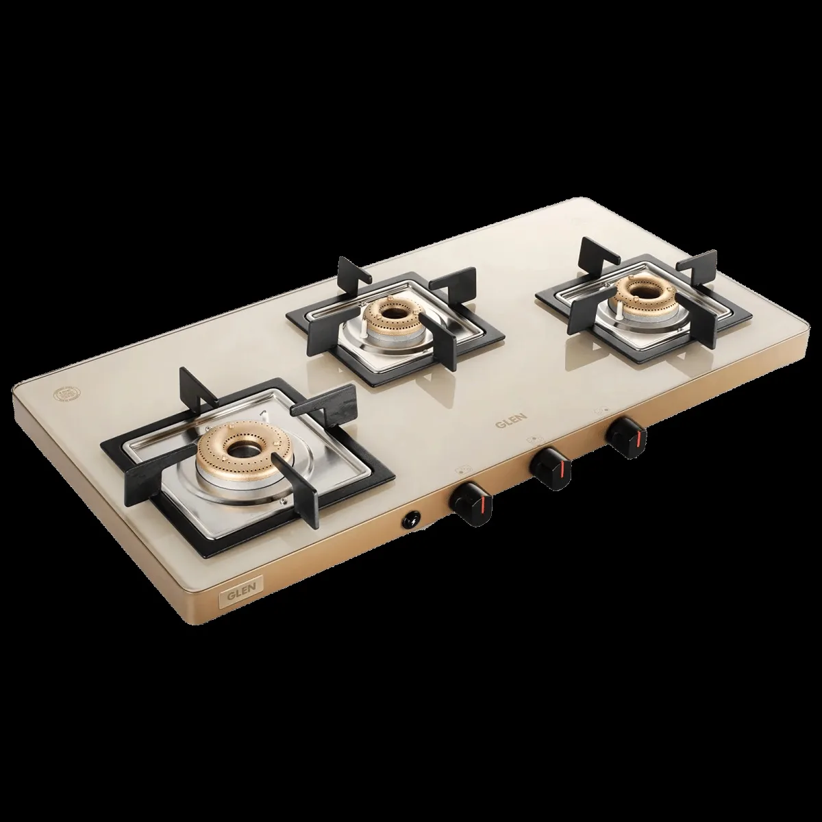 Glen Ultra Slim Toughened Glass Top 3 Burner Automatic Gas Stove (Vitreous Enamelled Pan Support, Apricot)