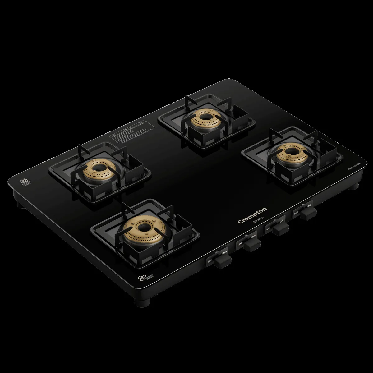 Crompton SlimPro Toughened Glass Top 4 Burner Manual Gas Stove (Mild Steel Body, Black)