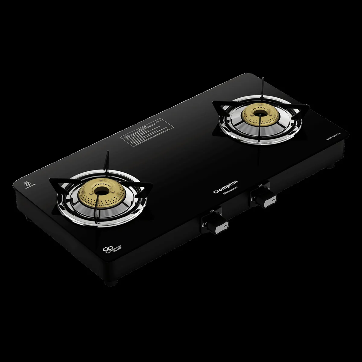 Crompton FlameMaster Toughened Glass Top 2 Burner Manual Gas Stove (Mild Steel Body, Black)