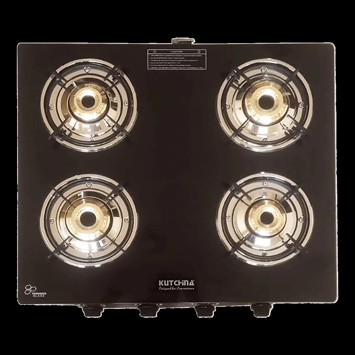 Kutchina CT ECO 4B Toughened Glass Top 4 Burner Manual Gas Stove (Euro Coated Thick Pan Support, Black)