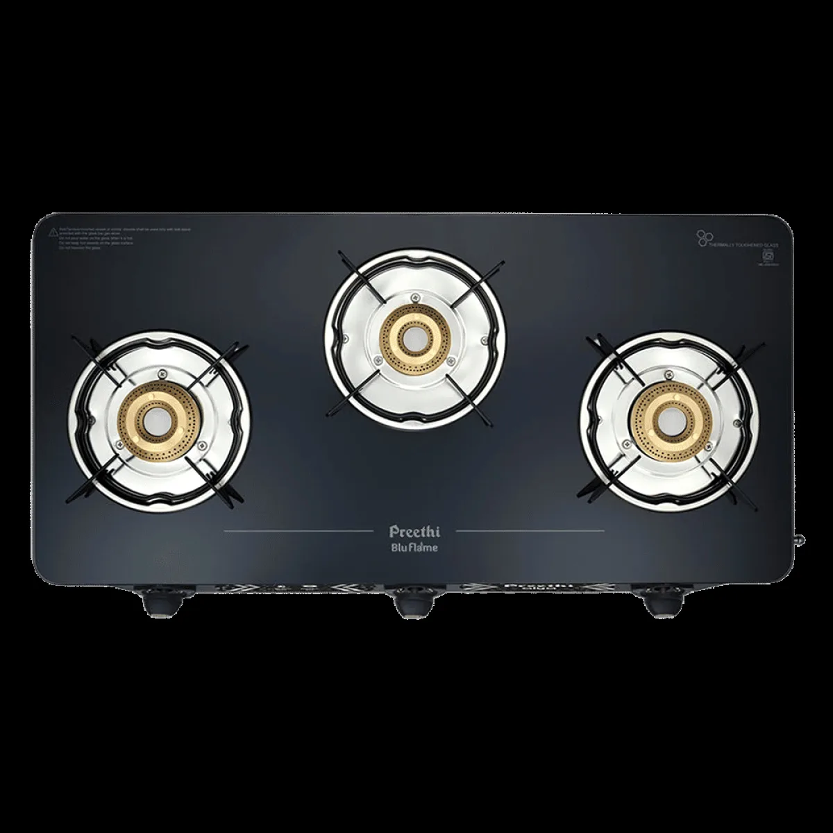 Preethi Alya 2.0 Toughened Glass Top 3 Burner Manual Gas Stove (ISI Certified, Black)