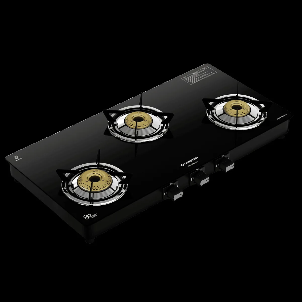 Crompton FlameMaster Toughened Glass Top 3 Burner Manual Gas Stove (Mild Steel Body, Black)