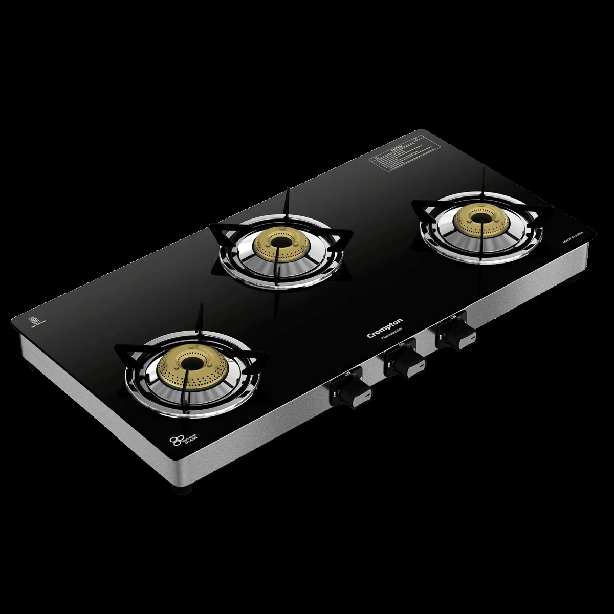 Crompton FlameMaster Toughened Glass Top 3 Burner Manual Gas Stove (Stainless Steel Body, Black)