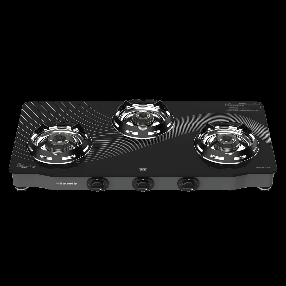 Butterfly Renz Tempered Glass Top 3 Burner Manual Gas Stove (Rust Resistant Frame, Black)