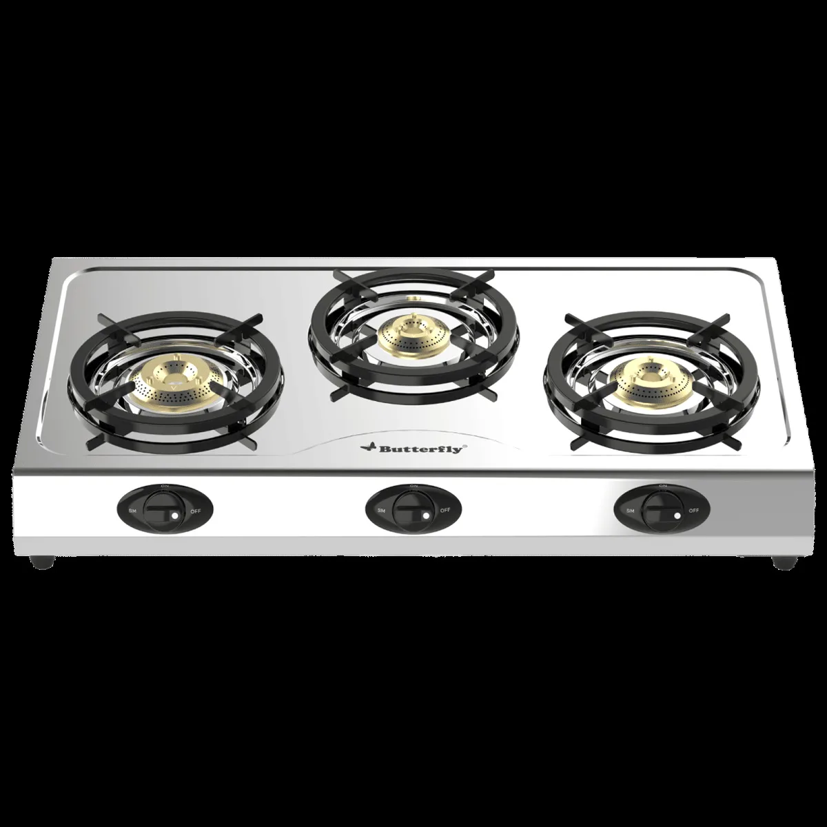 Butterfly Bolt Shakti 3 Burner Manual Gas Stove (High Thermal Efficiency, Silver)