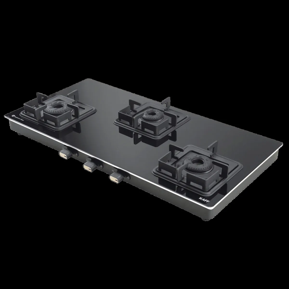 KAFF CTQ773B Toughened Glass Top 3 Burner Manual Gas Stove (Edge Protection, Black)