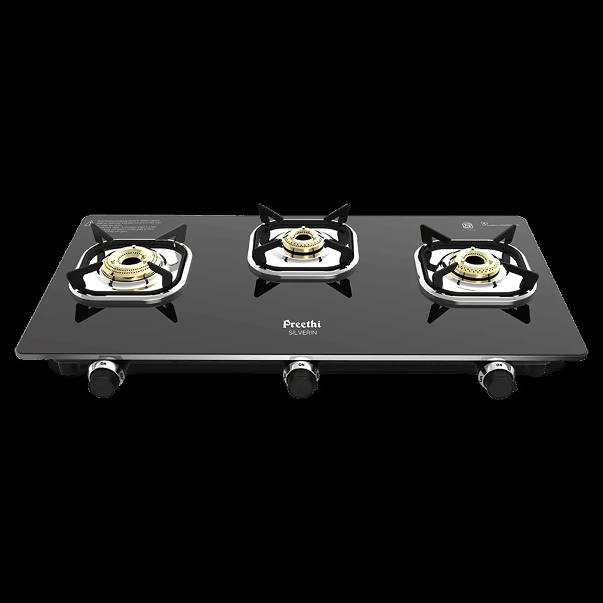 Preethi Silverin Toughened Glass Top 3 Burner Manual Gas Stove (Screwless Design, Black)