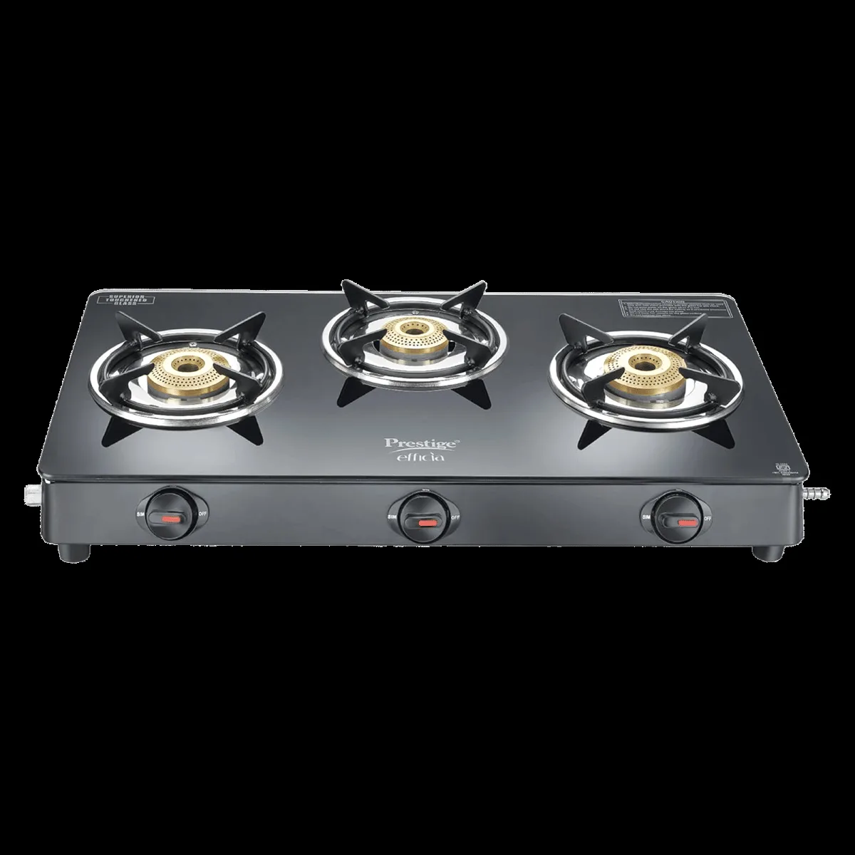 Prestige Efficia Toughened Glass Top 3 Burner Manual Gas Stove (ISI Certified, Black)