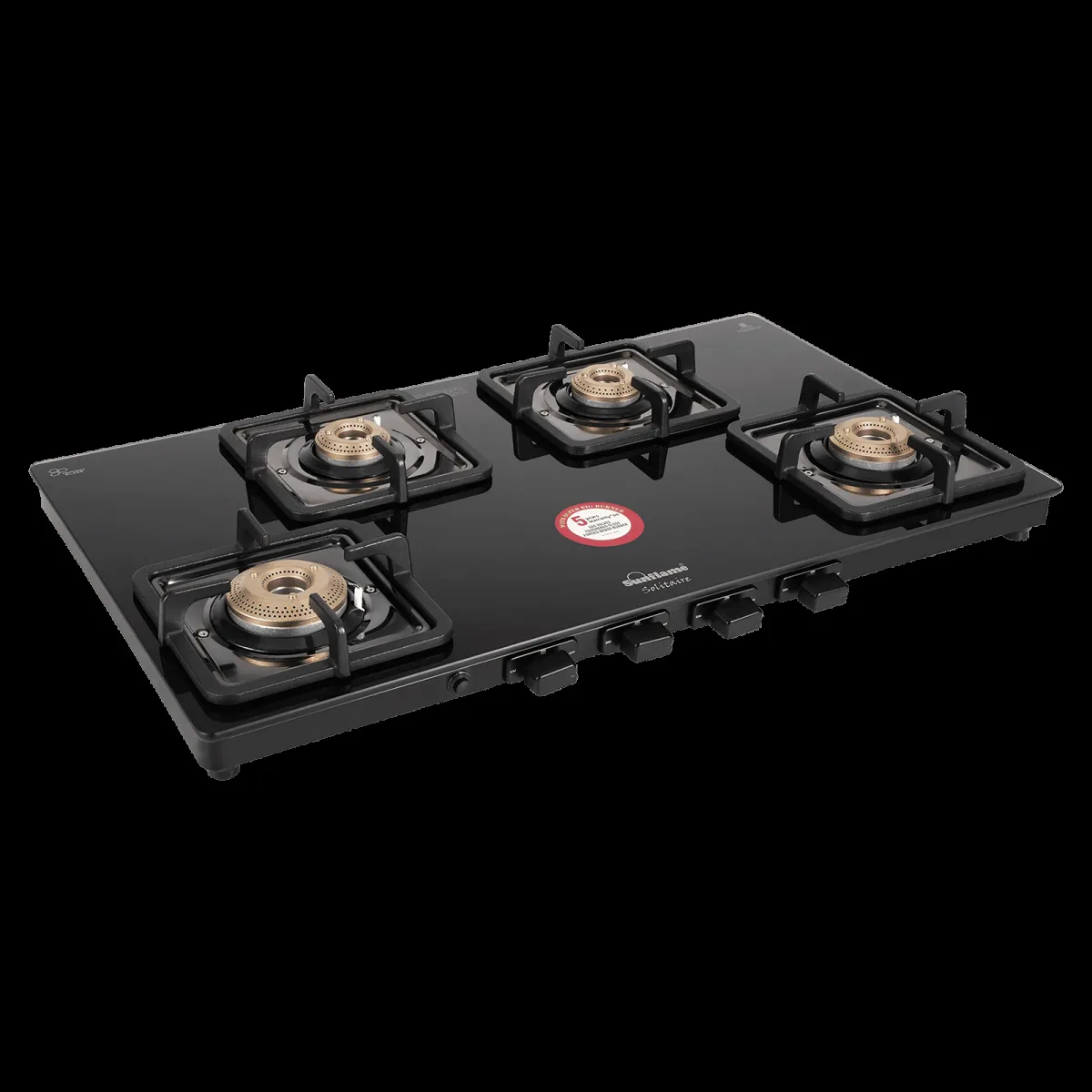 Sunflame Solitaire Tempered Glass Top 4 Burner Manual Gas Stove (Cast Iron Pan Support, Black)